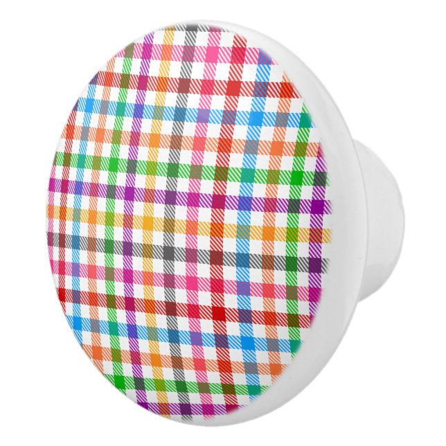 Colourful Rainbow Gingham Plaid Design - White  Ceramic Knob (Right)
