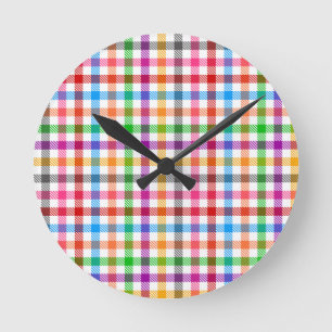 Colourful Rainbow Gingham Plaid Design - White  Round Clock