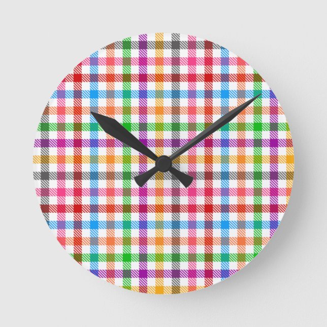 Colourful Rainbow Gingham Plaid Design - White  Round Clock (Front)