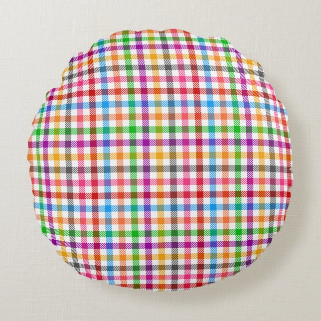 Colourful Rainbow Gingham Plaid Design - White  Round Pillow (Front)