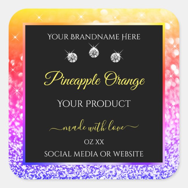 Colourful Rainbow Glitter and Black Product Labels (Front)