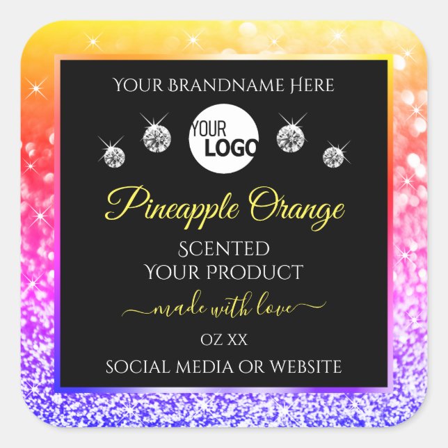 Colourful Rainbow Glitter Black Product Labels Log (Front)