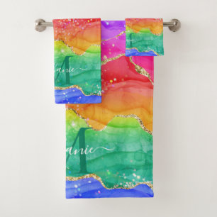 Colourful Rainbow Glitter Gold Agate Monogram Bath Towel Set