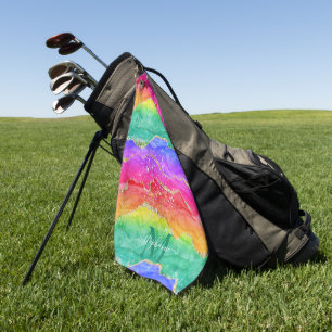 Colourful Rainbow Glitter Gold Agate Monogram Golf Towel