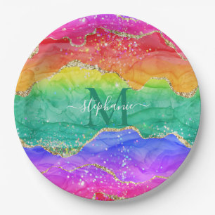 Colourful Rainbow Glitter Gold Agate Monogram Paper Plate
