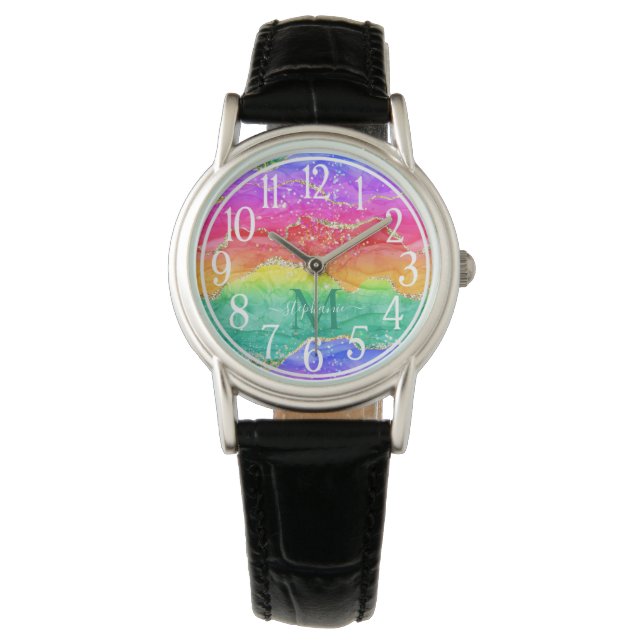 Colourful Rainbow Glitter Gold Agate Monogram Watch (Front)
