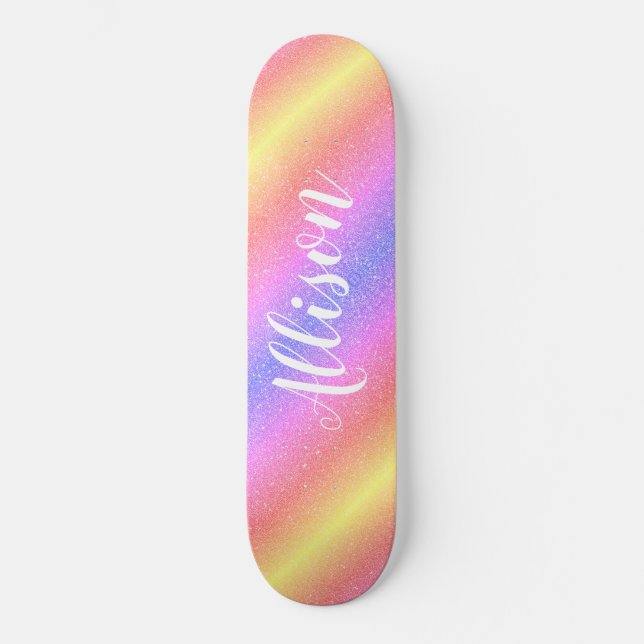 Colourful Rainbow Glitter Stripes Personalized Kid Skateboard (Front)