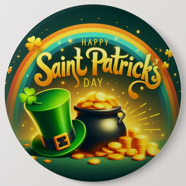 Colourful rainbow gold Saint Patrick's Day 6 Inch Round Button (Front)