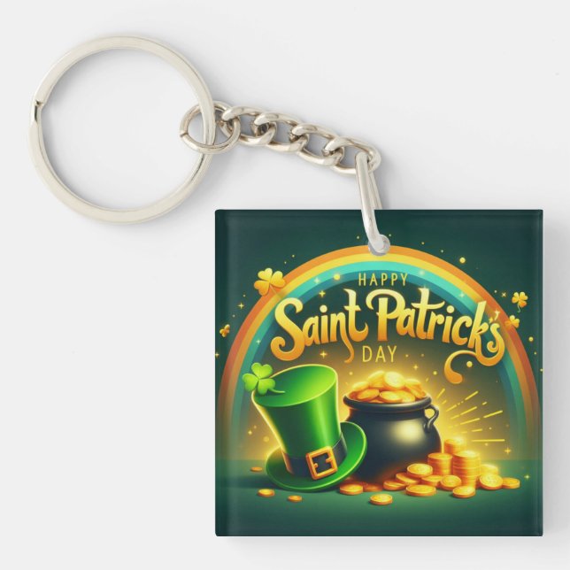 Colourful rainbow gold Saint Patrick's Day Keychain (Front)