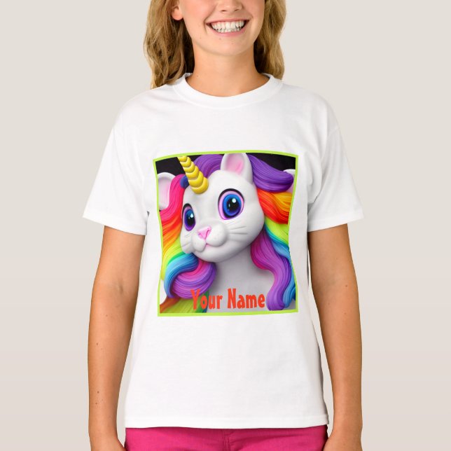 Colourful Rainbow Hair Caticorn Kitty T-Shirt (Front)