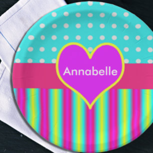 Colourful Rainbow Heart Striped Polka Dots Paper Plate