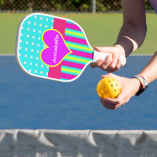 Colourful Rainbow Heart Striped Polka Dots Pickleball Paddle