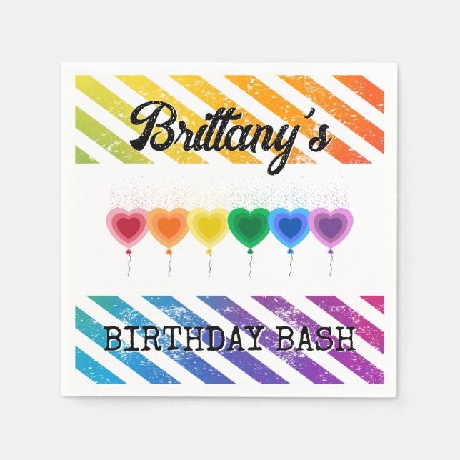 Colourful Rainbow Hearts Balloons Name Birthday Napkin (Front)