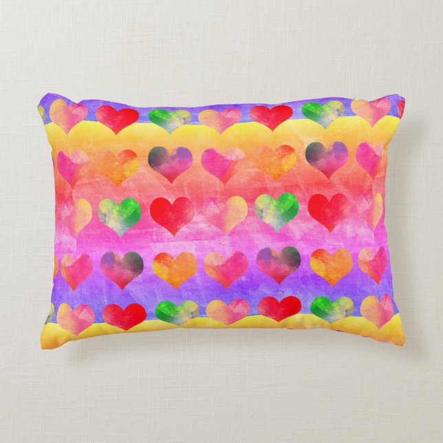 Colourful Rainbow Hearts Boho Art Accent Pillow (Front)