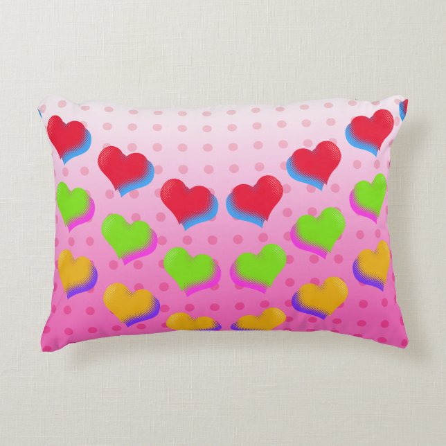 Colourful Rainbow Hearts on Pink Cartoon Pattern Accent Pillow (Front)