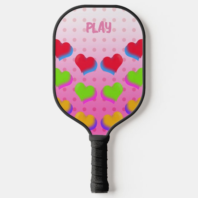 Colourful Rainbow Hearts on Pink Cartoon Pattern Pickleball Paddle (Front)