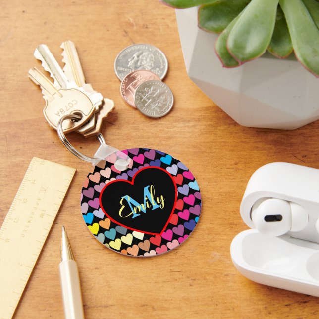 Colourful Rainbow Hearts Pattern Personalised Keychain (Desk)