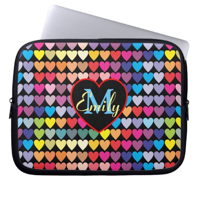 Colourful Rainbow Hearts Pattern Personalised Laptop Sleeve (Front)