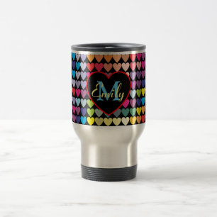 Colourful Rainbow Hearts Pattern Personalised Travel Mug
