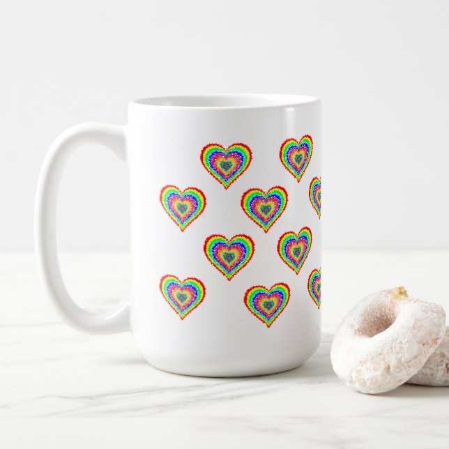 Colourful Rainbow Hearts Patterned Coffee Mug (With Donut)