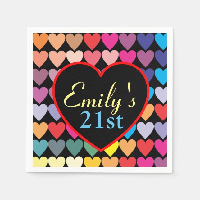 Colourful Rainbow Hearts Personalised 21st Napkin (Front)