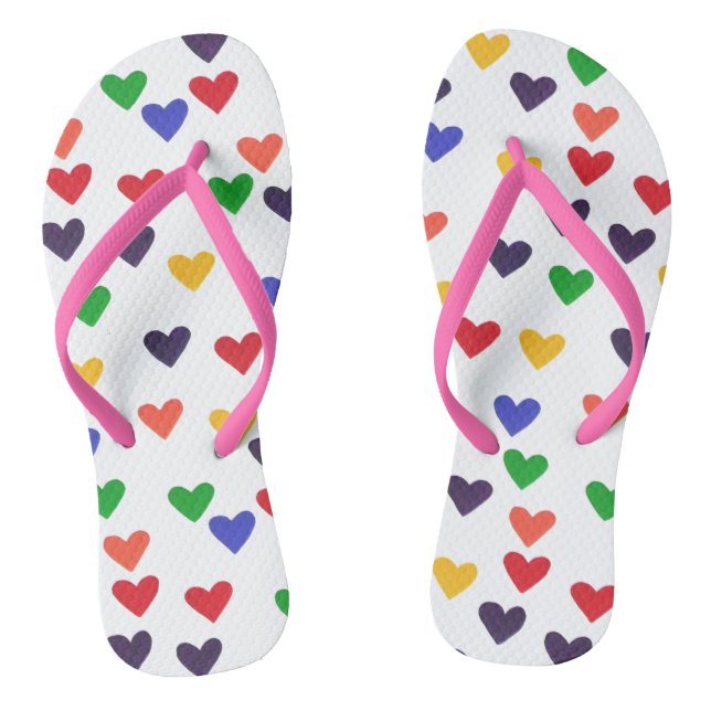 Colourful Rainbow Hearts Pink Strap Flipflops (Footbed)
