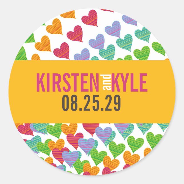 Colourful Rainbow Hearts Sprinkles Wedding Sticker (Front)