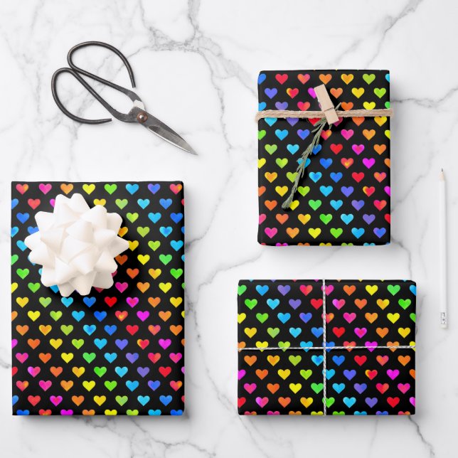 Colourful Rainbow Hearts Stripe Pattern Wrapping Paper Sheet (Front)
