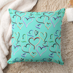 Colourful Rainbow Hearts Teal Black Throw Pillow
