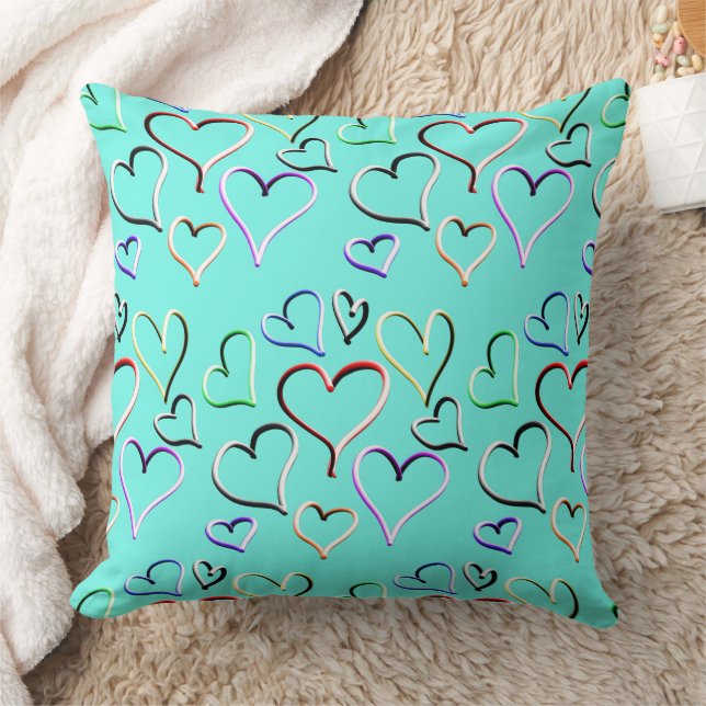 Colourful Rainbow Hearts Teal Black Throw Pillow (Blanket)