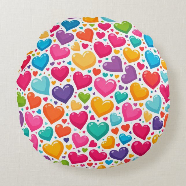 Colourful rainbow hearts Valentines Round Pillow (Front)