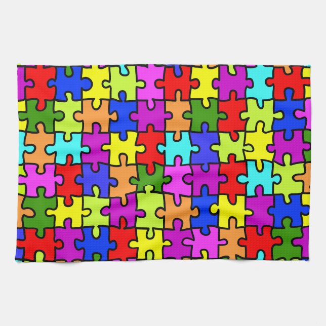 Colourful rainbow jigsaw puzzle pattern kitchen towel (Horizontal)