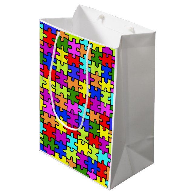Colourful rainbow jigsaw puzzle pattern medium gift bag (Front Angled)
