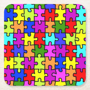 Colourful rainbow jigsaw puzzle pattern square paper coaster