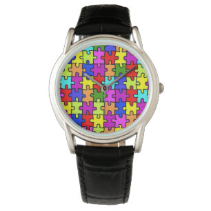 Colourful rainbow jigsaw puzzle pattern watch
