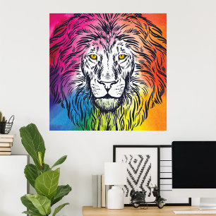 Colourful Rainbow Lion Head Bold Wildlife Poster