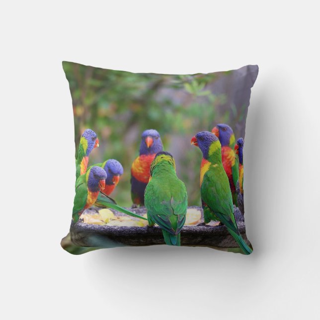 Colourful Rainbow Lorikeet Parrots Eating Throw Pillow (Front)