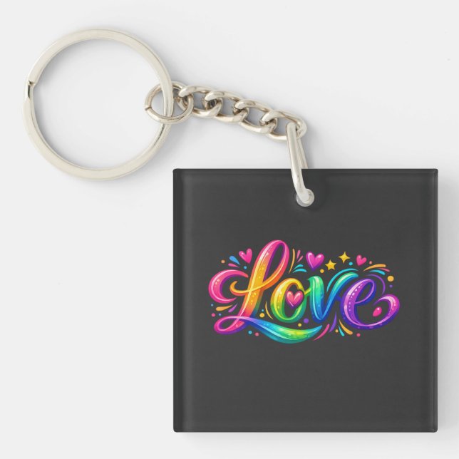 Colourful Rainbow Love Typography Design Keychain (Front)