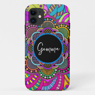 Colourful Rainbow Mandala Doodle Art Custom Name   iPhone 11 Case