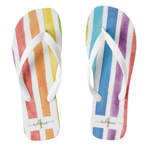 Colourful Rainbow Monogram Stripes Summer Odd Pair Flip Flops