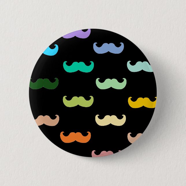 Colourful Rainbow Moustache pattern on black 2 Inch Round Button (Front)