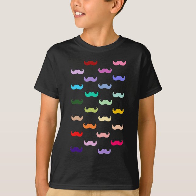 Colourful Rainbow Moustache pattern on black T-Shirt (Front)