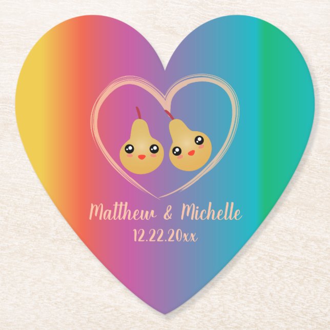 Colourful Rainbow Ombre Perfect Pear Cute Wedding Paper Coaster (Front)