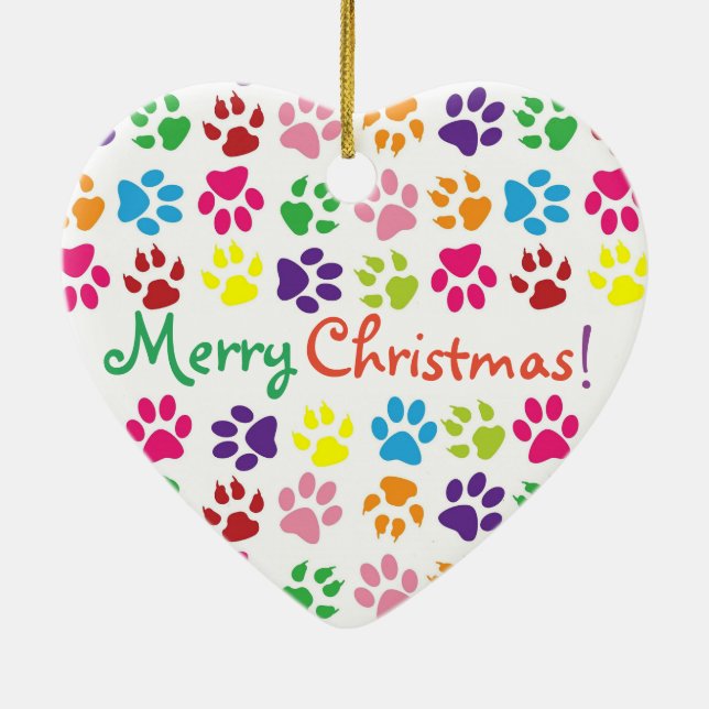 Colourful Rainbow Paw Prints Merry Christmas Ceramic Ornament (Back)