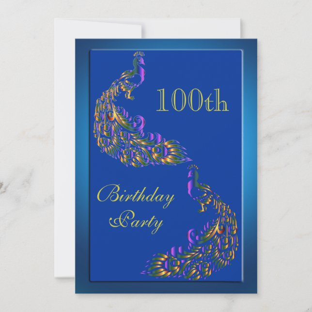 Colourful Rainbow Peacocks 100th Birthday Invitation (Front)