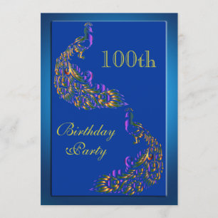 Colourful Rainbow Peacocks 100th Birthday Invitation