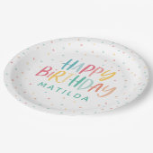 Colourful rainbow polka dot birthday paper plate (Angled)