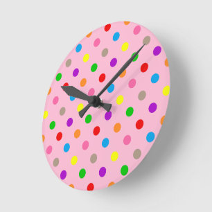 Colourful Rainbow Polka Dots Pink Round Clock