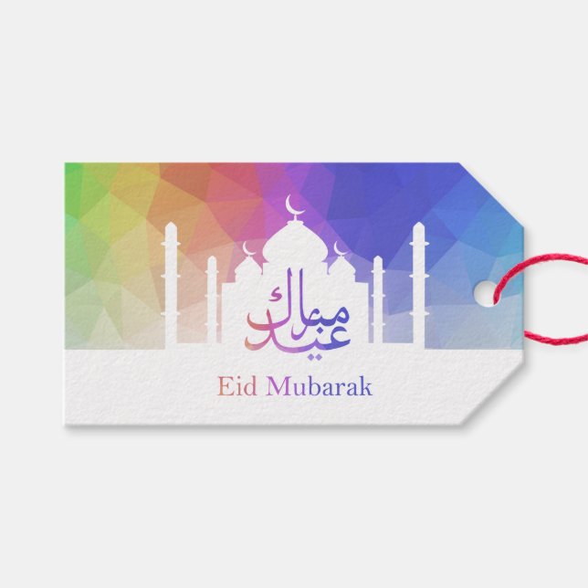 Colourful Rainbow Polygonal Eid Mosque - Gift Tag (Front (Horizontal))