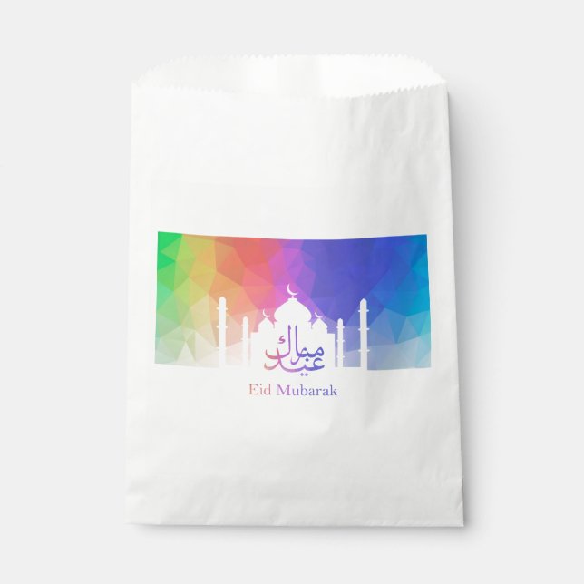 Colourful Rainbow Polygonal Eid Mubarak Mosque Favour Bag (Front)